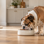 Premium-Hundefutter und Hund im hellen natürlichen Wohnumfeld