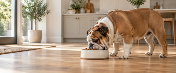 Premium-Hundefutter und Hund im hellen natürlichen Wohnumfeld