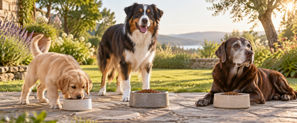 Hundefutter für verschiedene Lebensphasen mit Welpe und ausgewachsenem Hund