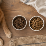Neues Hundefutter wird neben einer Futterschale vorbereitet