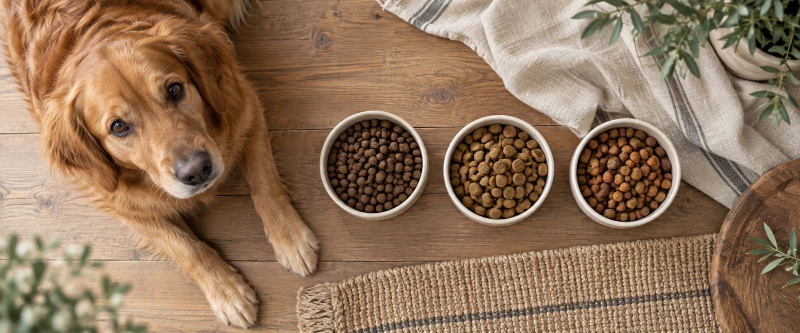 Neues Hundefutter wird neben einer Futterschale vorbereitet
